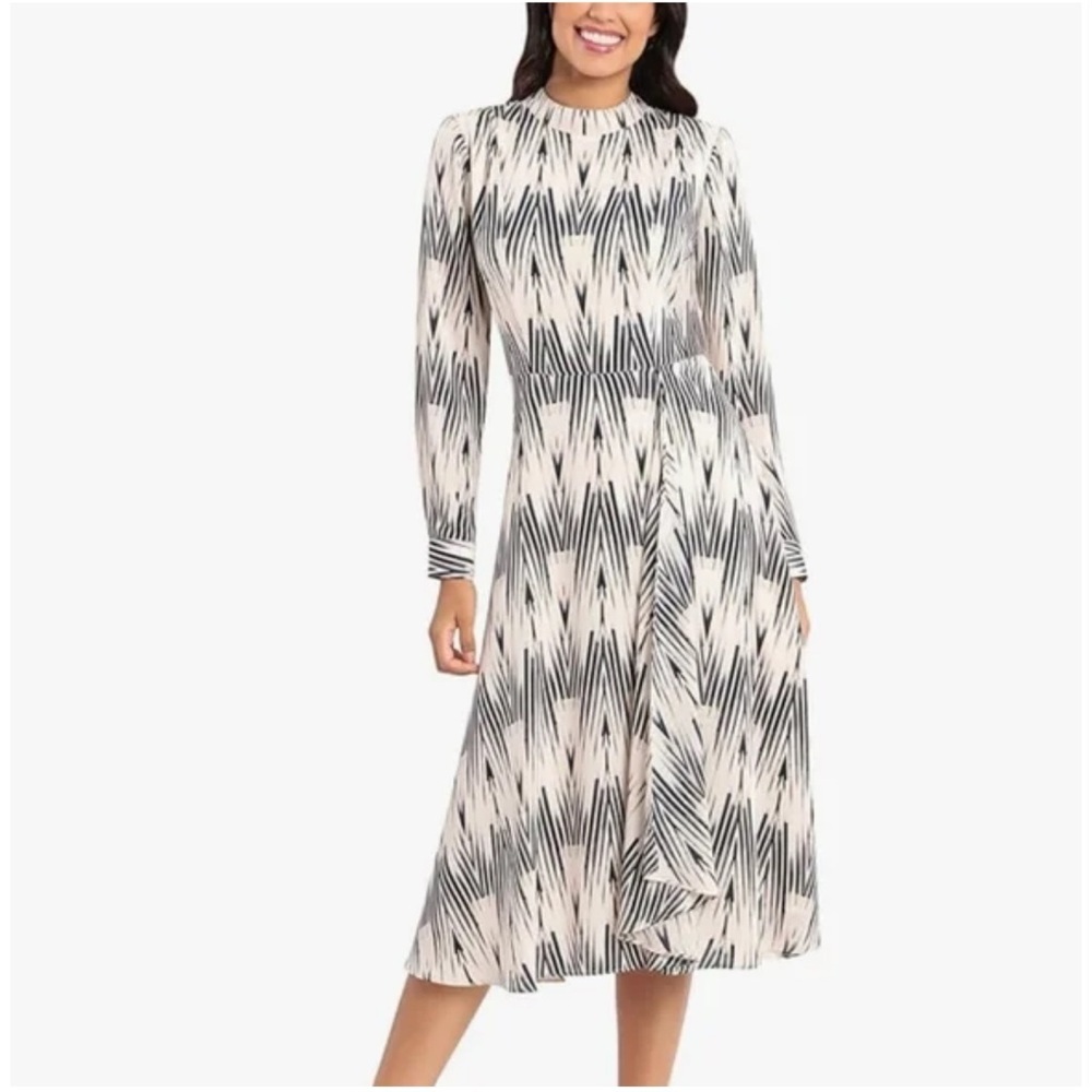 Maggy London Chiffon A-Line Dress Size 14 High Neck Long Sleeve Print